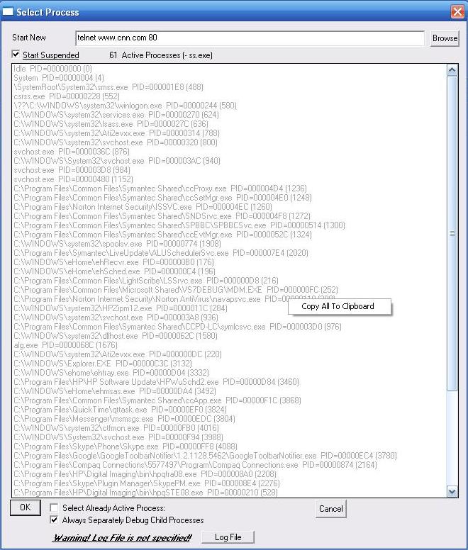 Process Selection Dialog